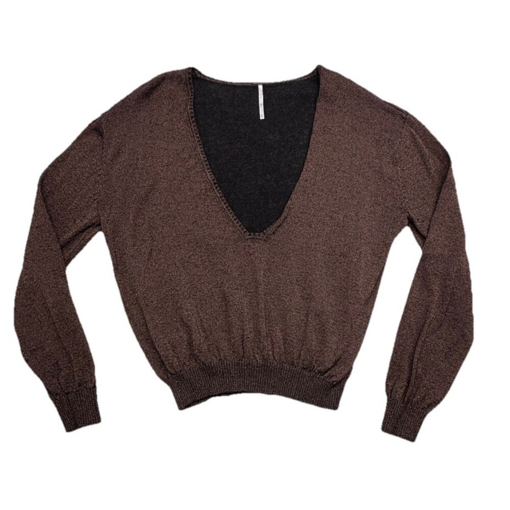 Free People Pullover Sweater Gold Dust Shimmer Deep VNeck Size Medium Linen